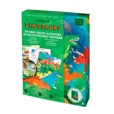 Box Candiy: Totally Dinosaurs - SET D'ACTIVITÉ DINO-TASTIQUE, avec 8 feutres, 2 planches d'autocollants et 30 activités dans un livre, en boîte cadeau 4x17x23cm, 6+