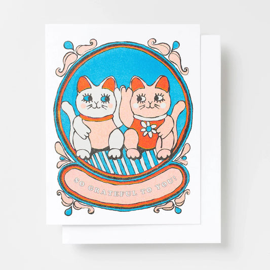 Lucky Cat Greeting Card - So grateful to you