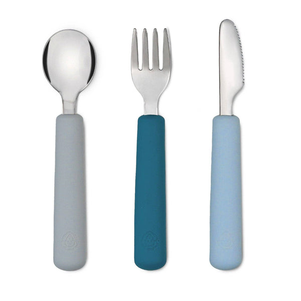Bestekset (vork/lepel/mes) - grijs en blauw