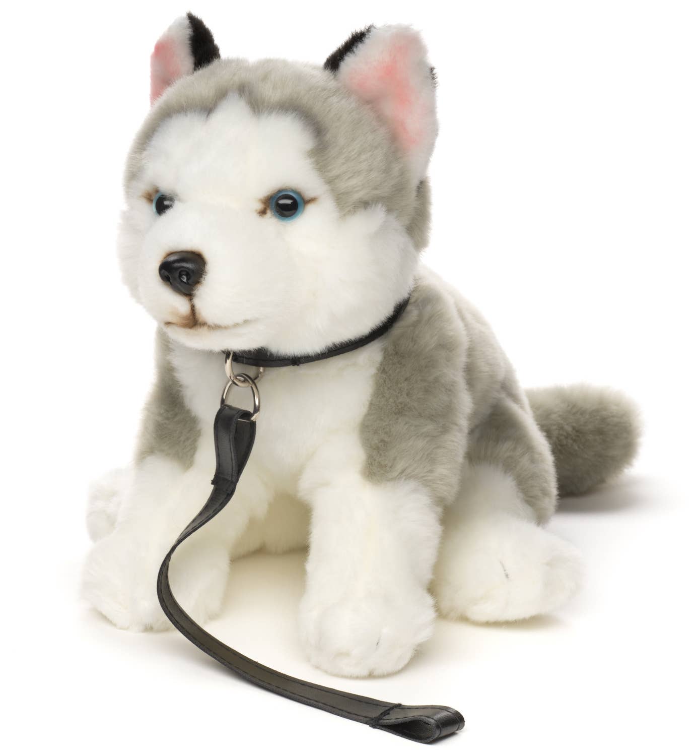 Peluche de husky gris, sentado (con correa)