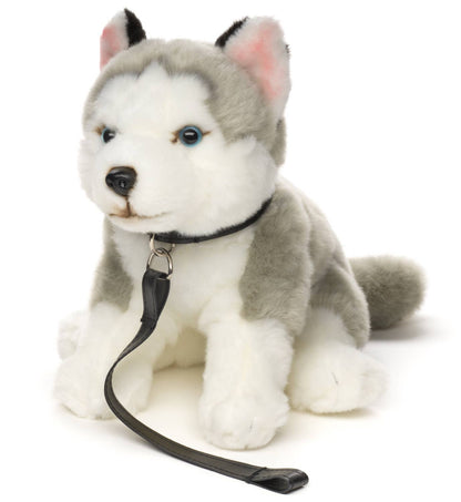 Peluche de husky gris, sentado (con correa)