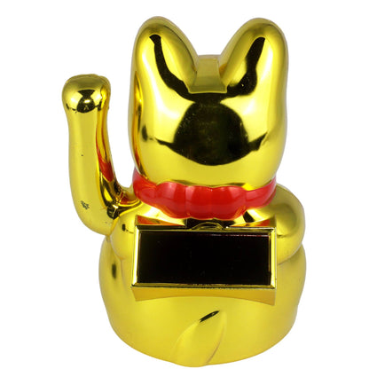 Chat chanceux solaire doré 10,5 cm