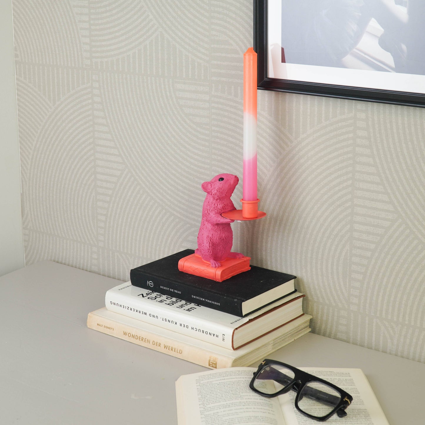 Bougeoir - Souris - Polyrésine - Rose/Rouge - 8x10x17cm