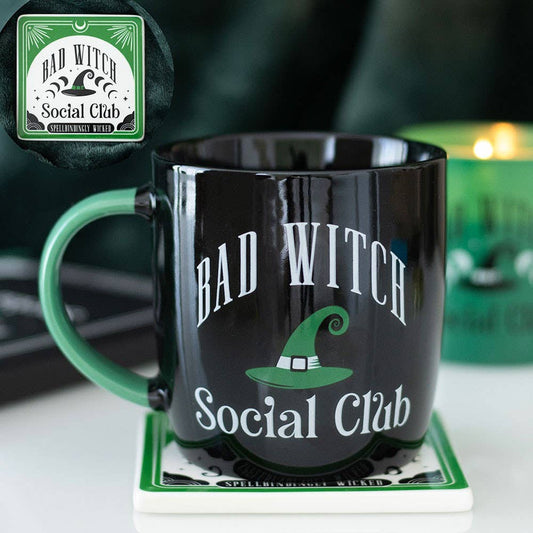 Juego de taza y posavasos del Club Social de la Bruja Mala