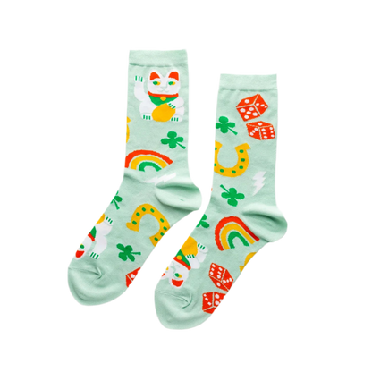 Chaussettes Porte-bonheur - Chats chanceux, Trèfles, Éclairs et Arcs-en-Ciel