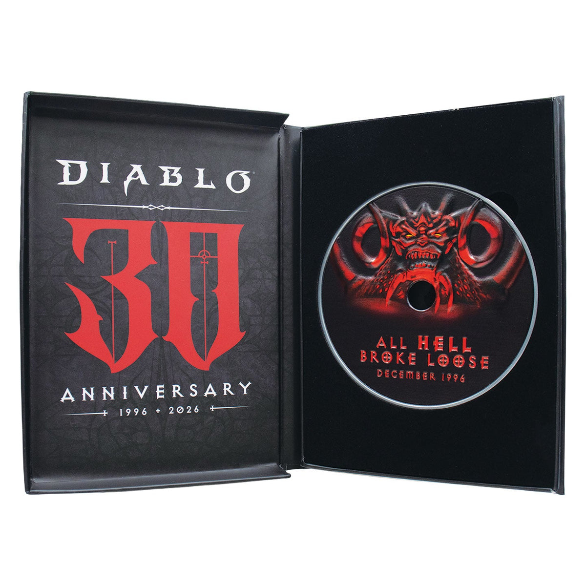 Emballage ouvert de la réplique du CD-ROM Diablo 30e anniversaire Fanattik
