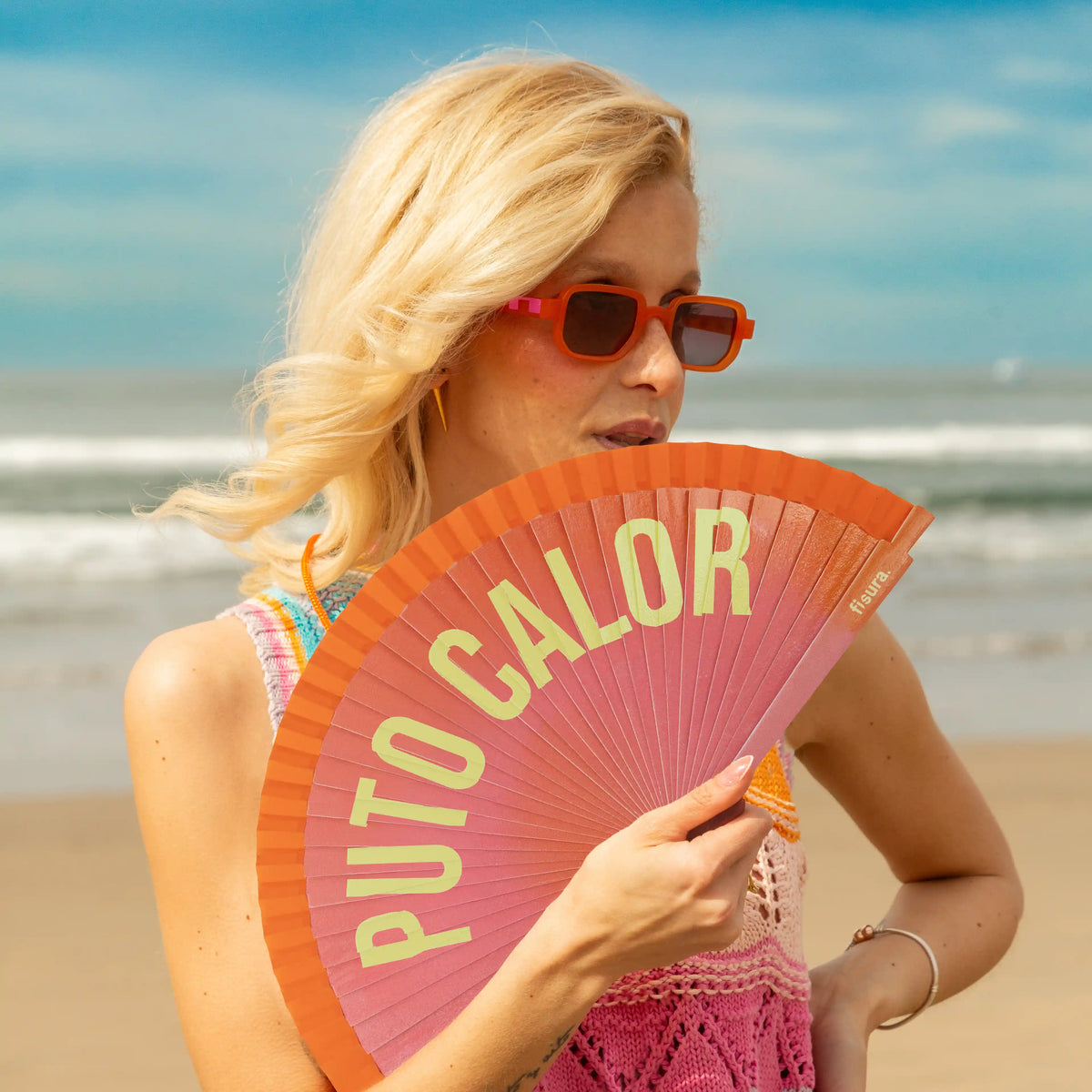 Éventail Imprimé « Puto calor » Effet Dégradé Orange