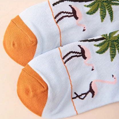 chaussettes flamants roses palmiers
