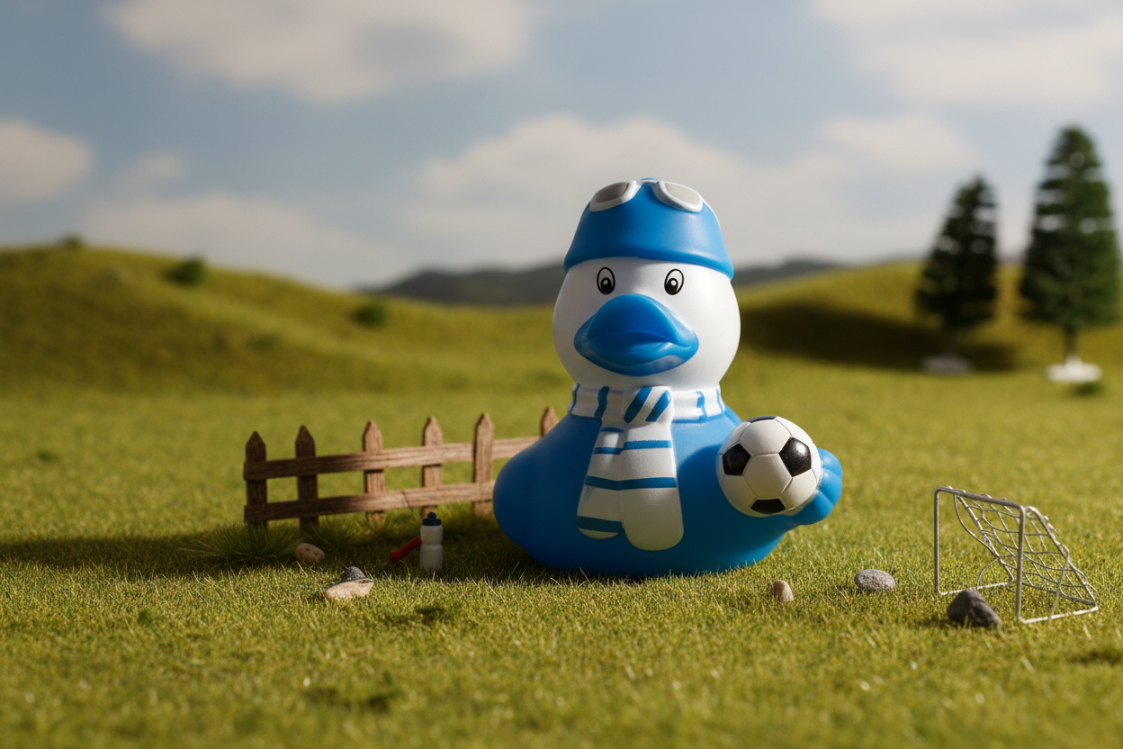 Blauwe voetbalsupporter eend