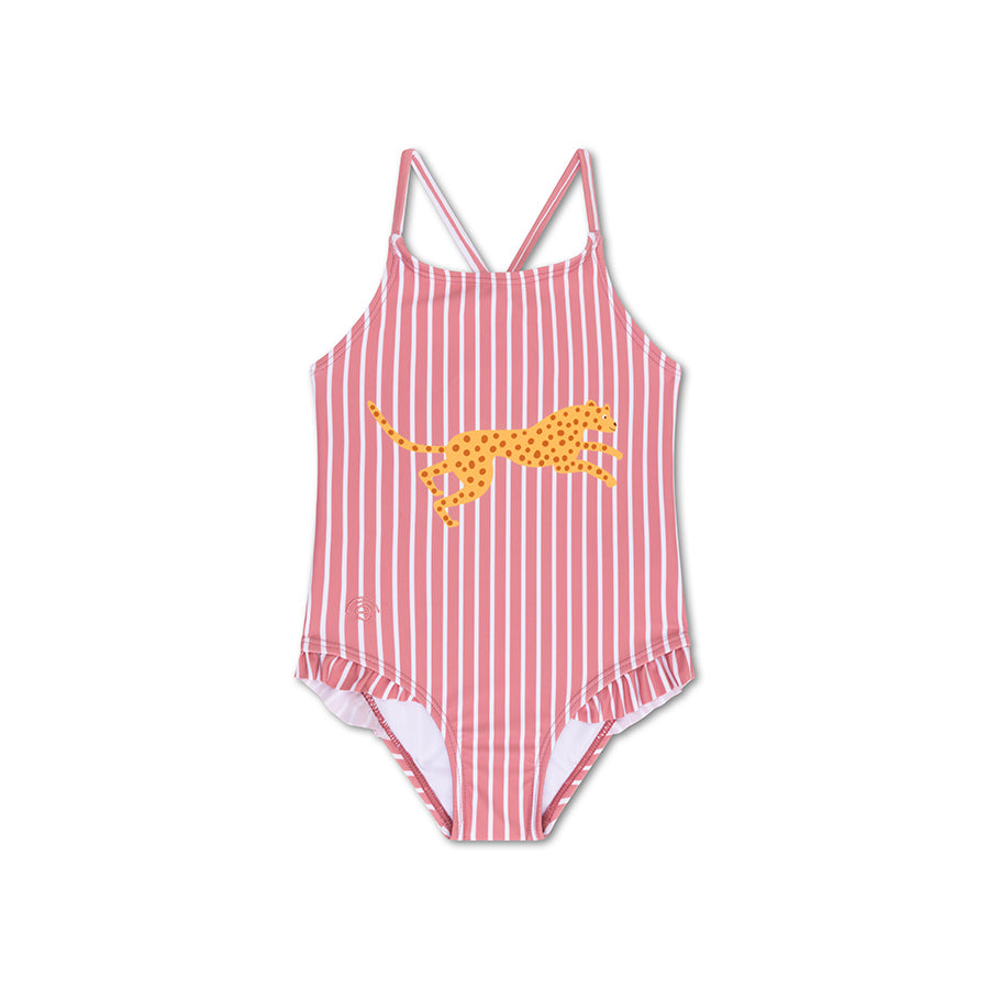 Swimsuit Girls - Red/White Striped - Daisy Flower
