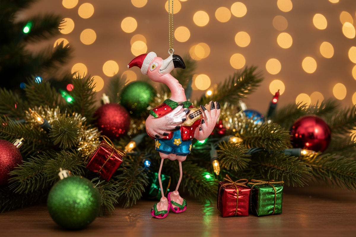 ギター付きピンクフラミンゴのクリスマスオーナメント