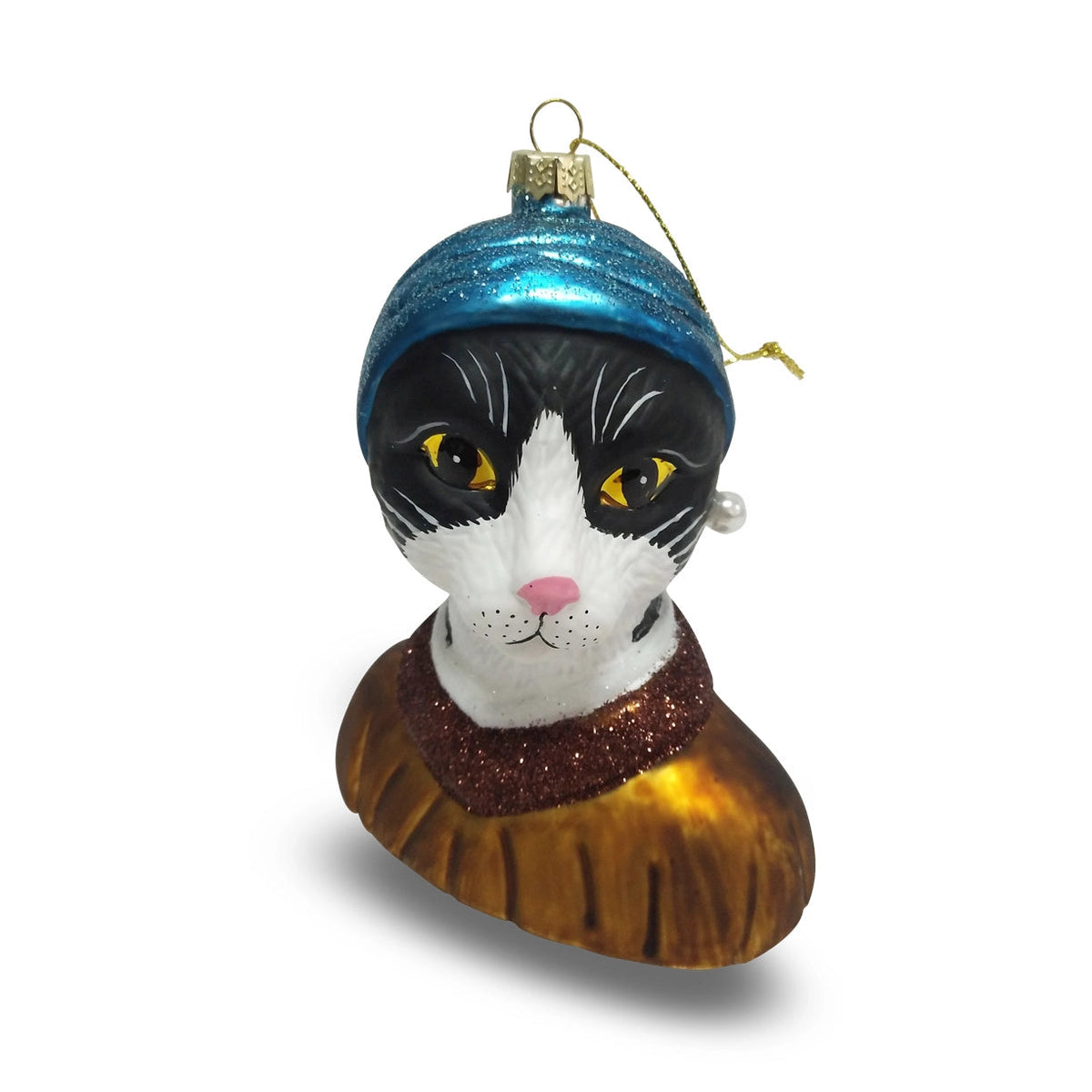 クリスマスオーナメント パールイヤリングの女の子 タキシード猫
