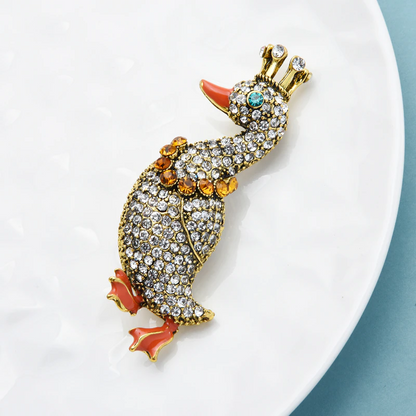 Rhinestone Crown Duck Brooch