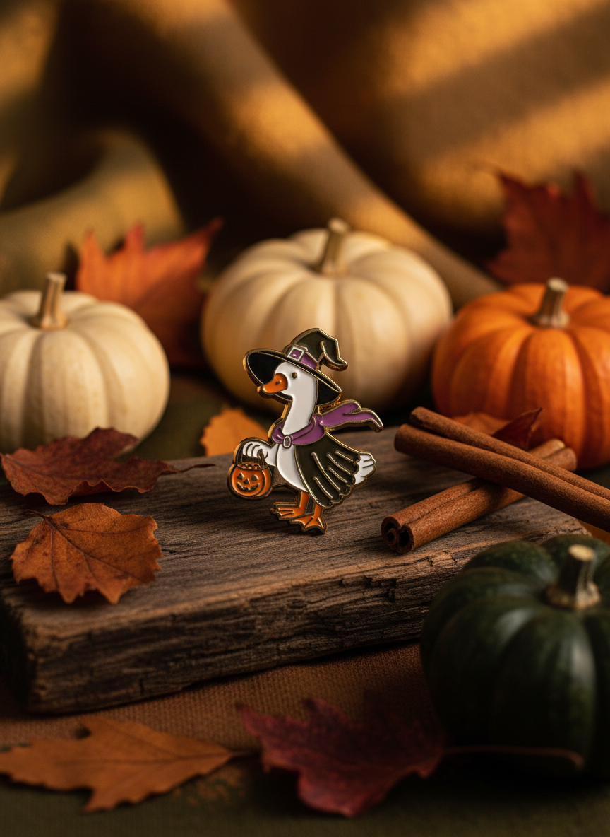 Pin de bruja de Halloween de pato blanco