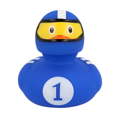 Pato piloto de corrida azul