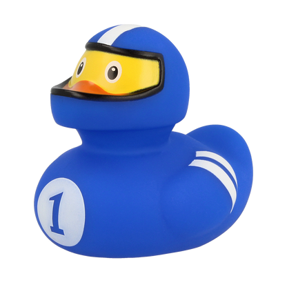 Pato piloto de corrida azul