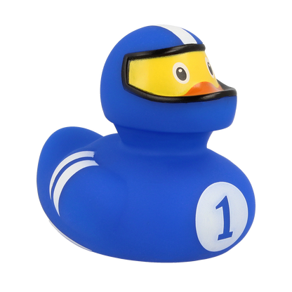 Pato piloto de corrida azul