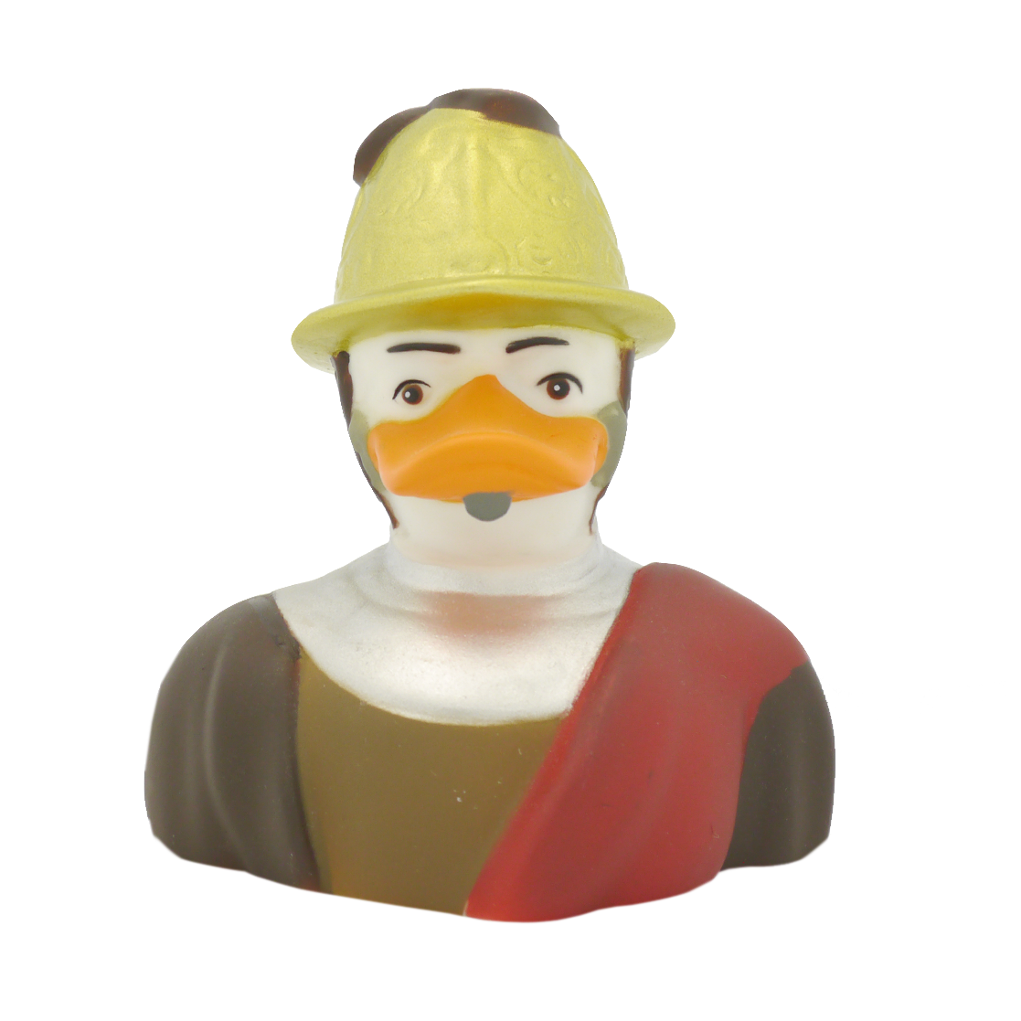 Homem de pato no capacete dourado