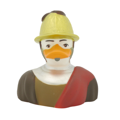 Homem de pato no capacete dourado