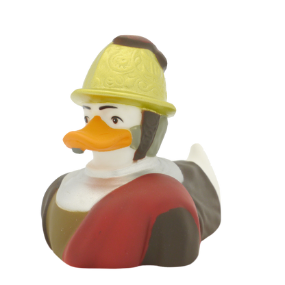 Homem de pato no capacete dourado