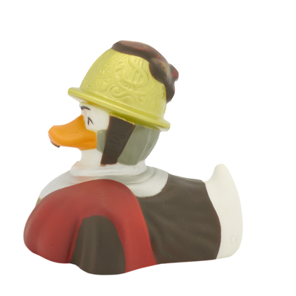 Homem de pato no capacete dourado