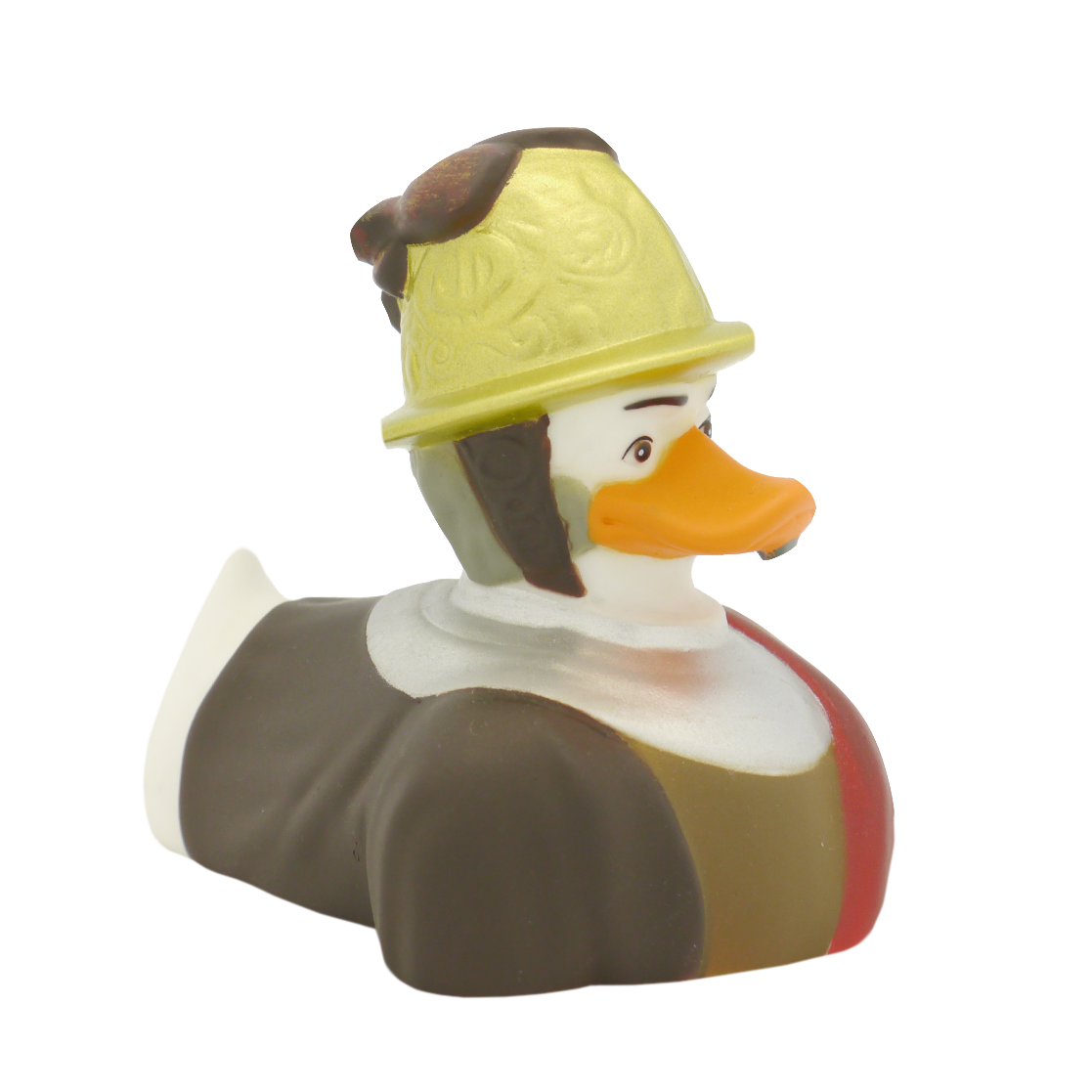 Homem de pato no capacete dourado