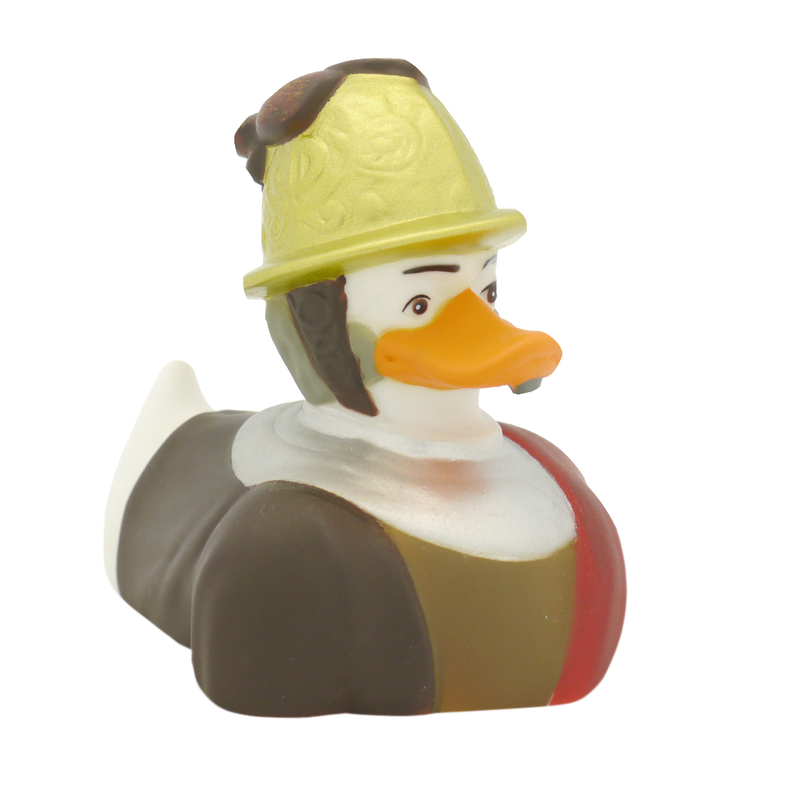 Homem de pato no capacete dourado