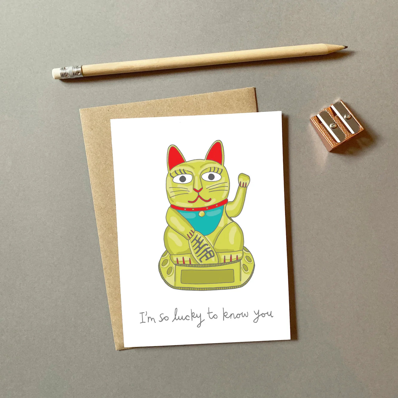 Tarjeta de felicitación Lucky Cat "Tengo mucha suerte de conocerte"