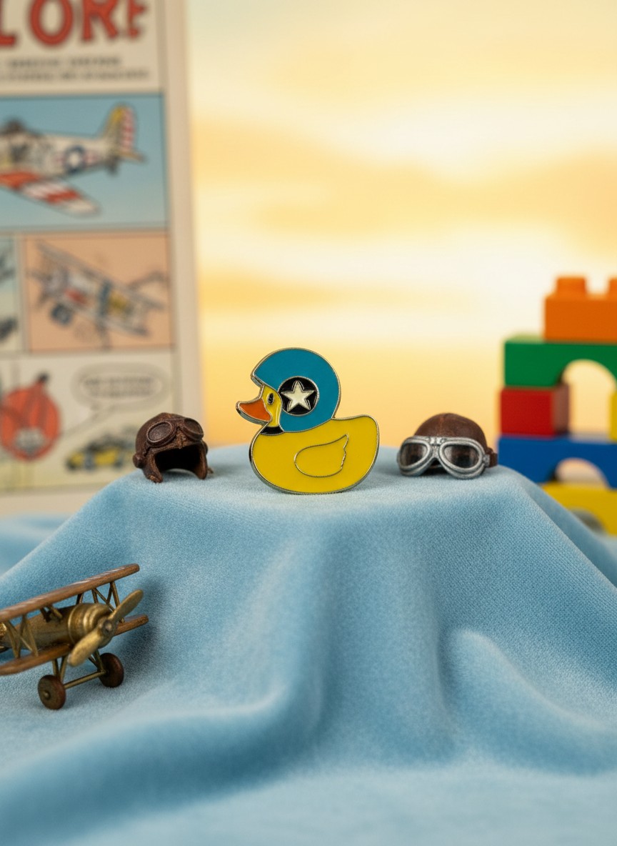 Pin de pato amarillo con casco de motocicleta