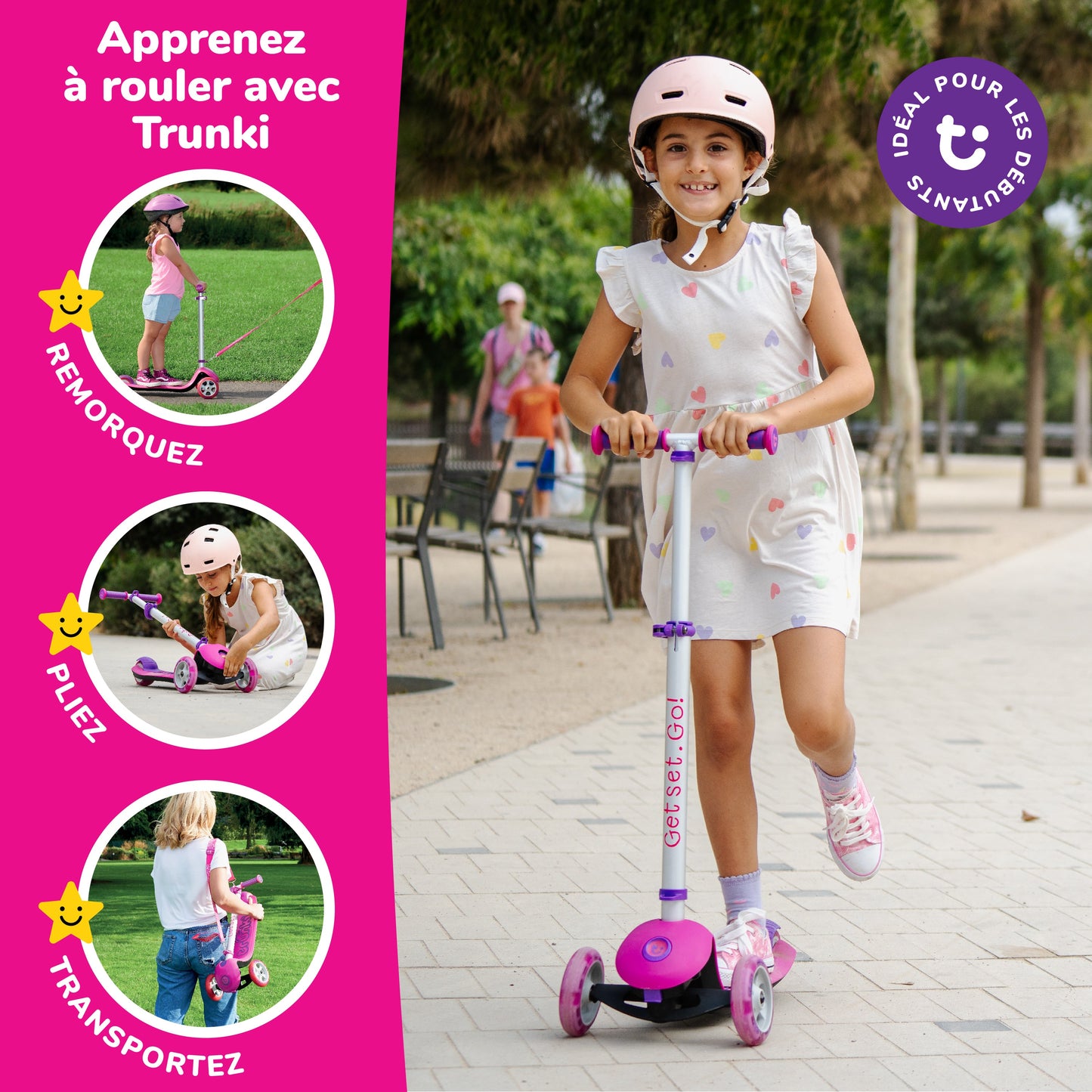 Trunki Trottinette pliante à 3 roues - Large 4-7 ans (Rose)