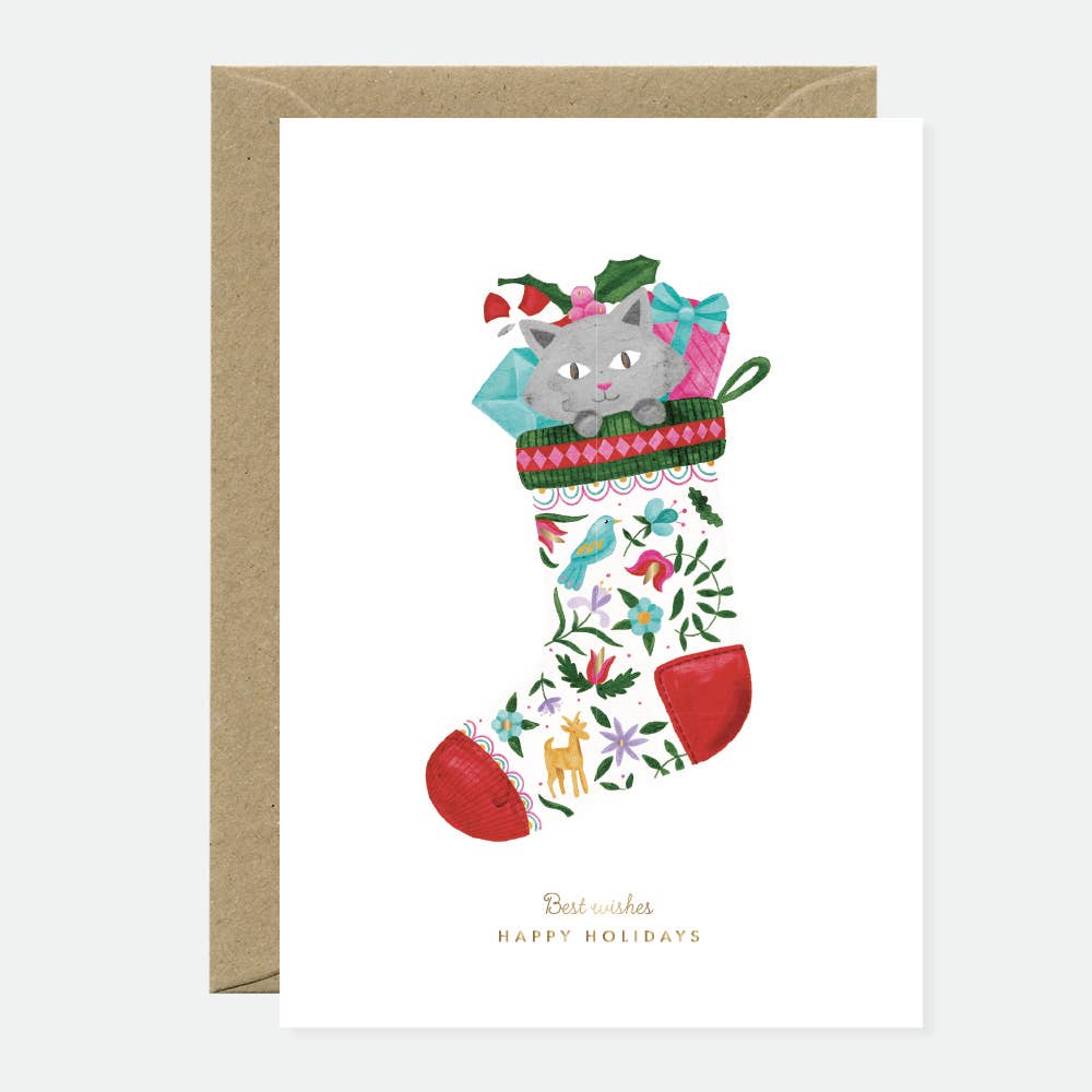 Cat Sock - Greeting Card - Gold Foil