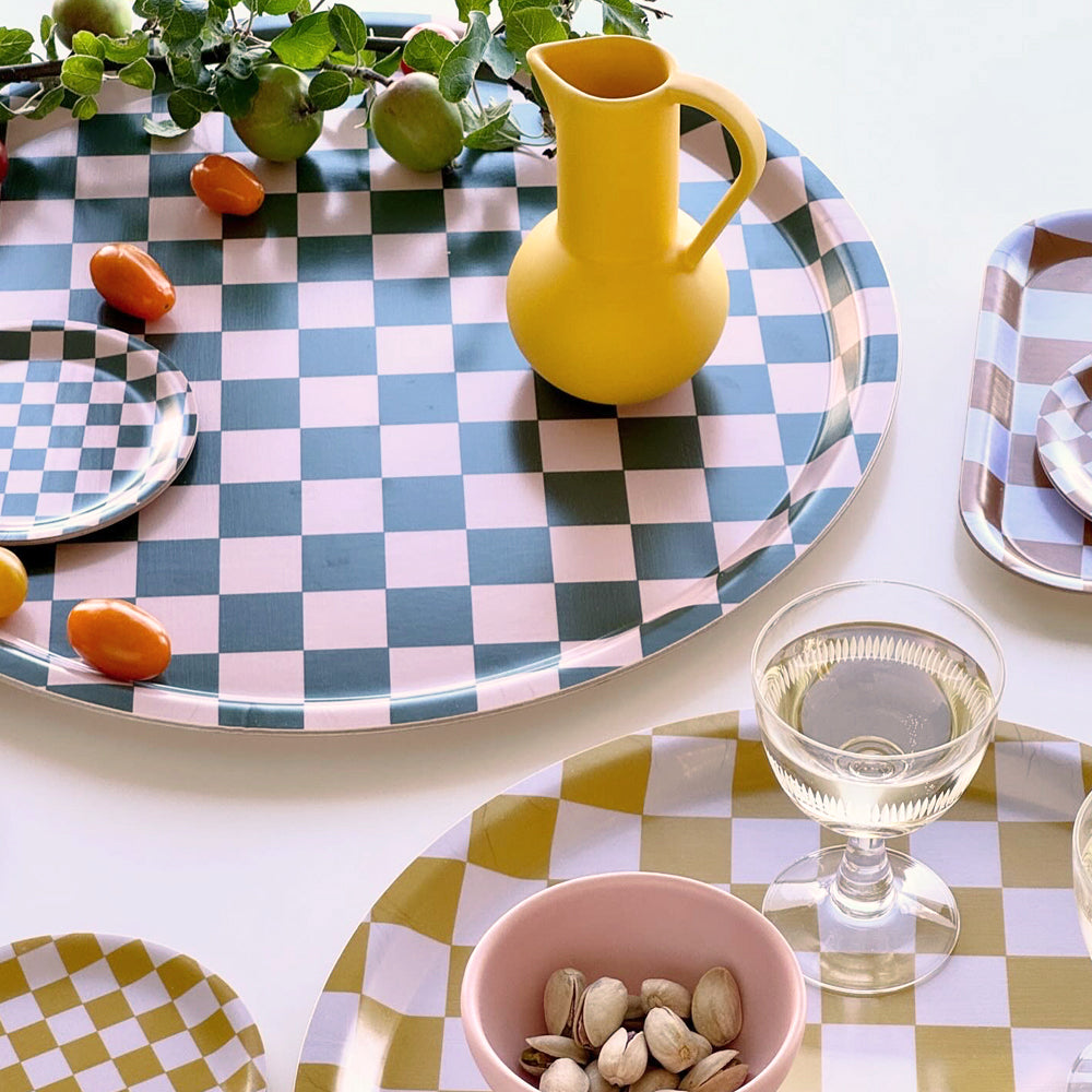 Mustard CHECKER Round Serving Tray - 31 cm