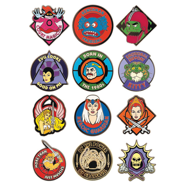 Display de 12 blind boxes Masters of the Universe - pin’s mystère - ensemble des pin’s