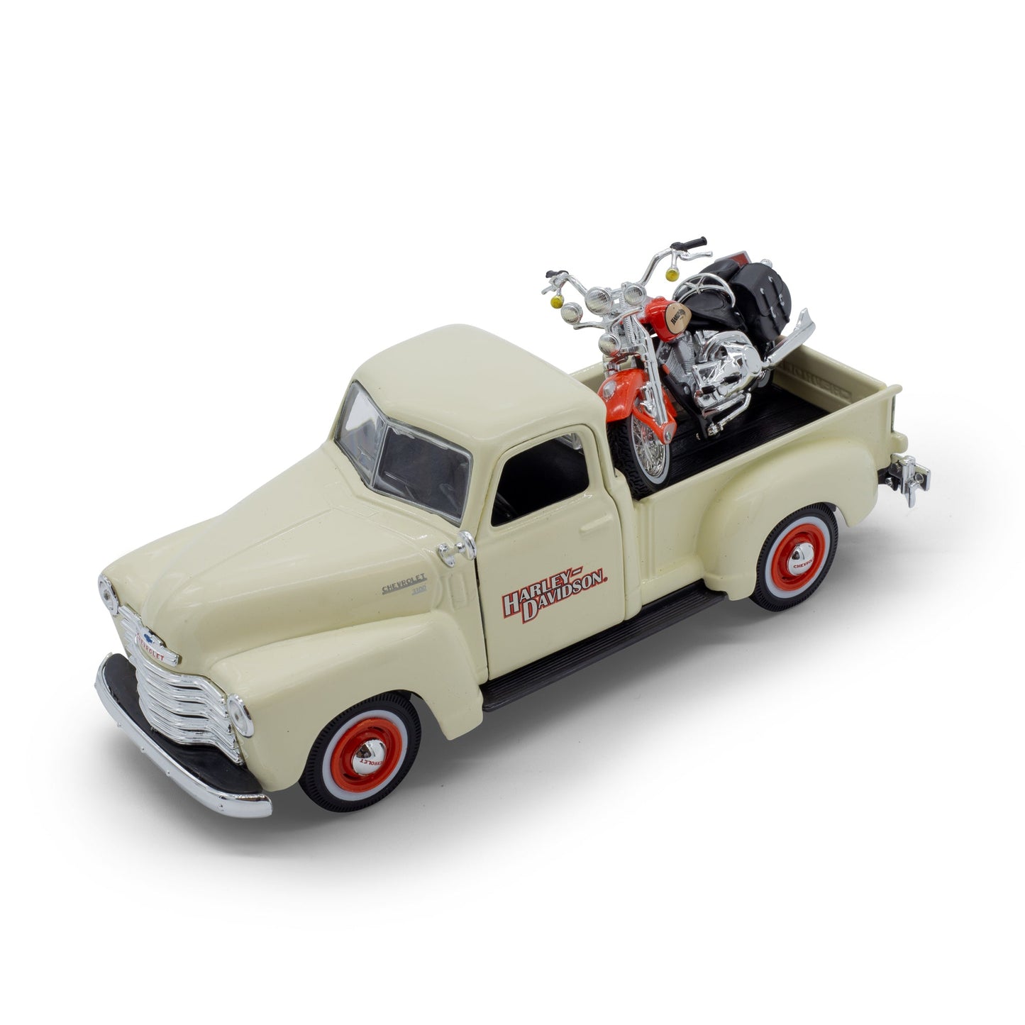 1:24 HARLEY DAVIDSON CHEVROLET 3100 PICKUP AVEC FLSTS HERITAGE SPRINGER CHEVY