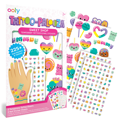 Tatouages et stickers pour ongles Tattoo-Palooza Confiserie – Plus de 225 OOLY — emballage et planches d’autocollants