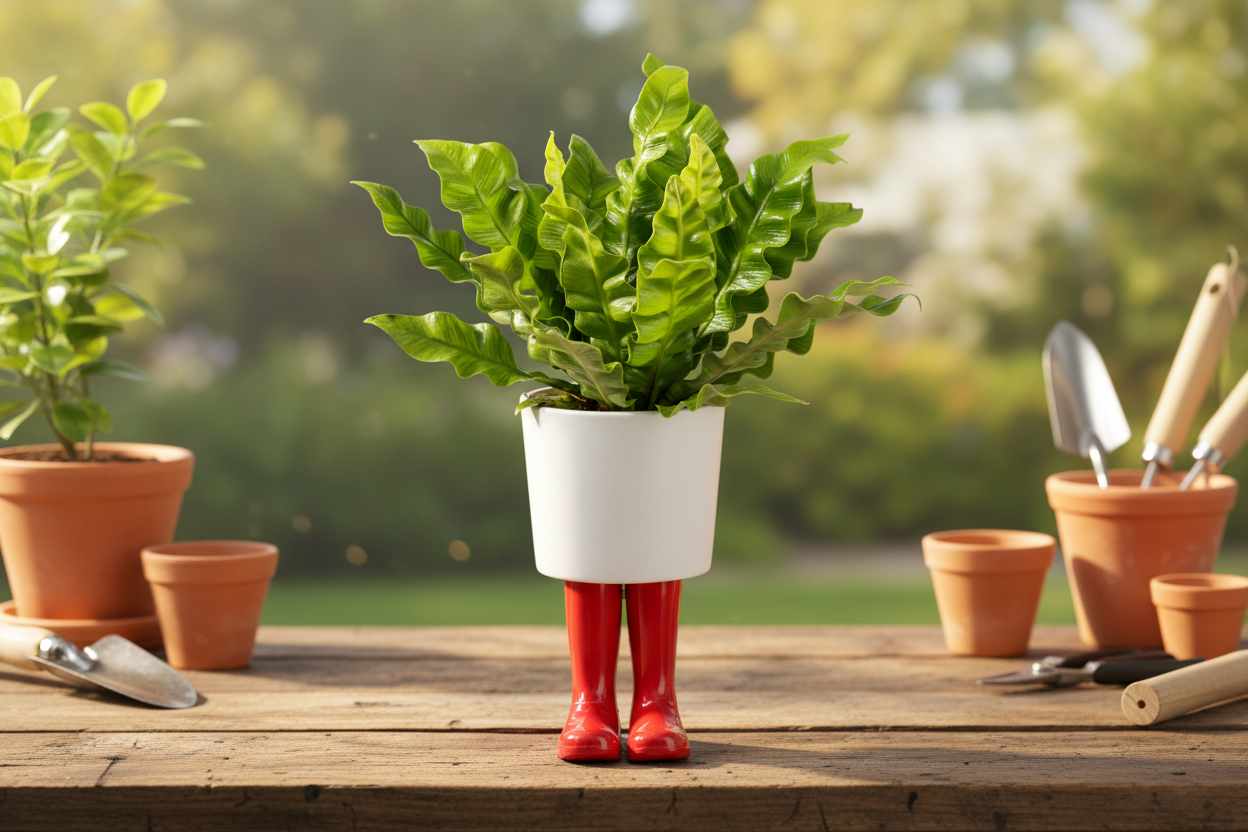 Bloempot, rode Wellington laarzen