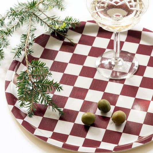 Burgundy/Cream CHECKER Round Serving Tray - 31 cm