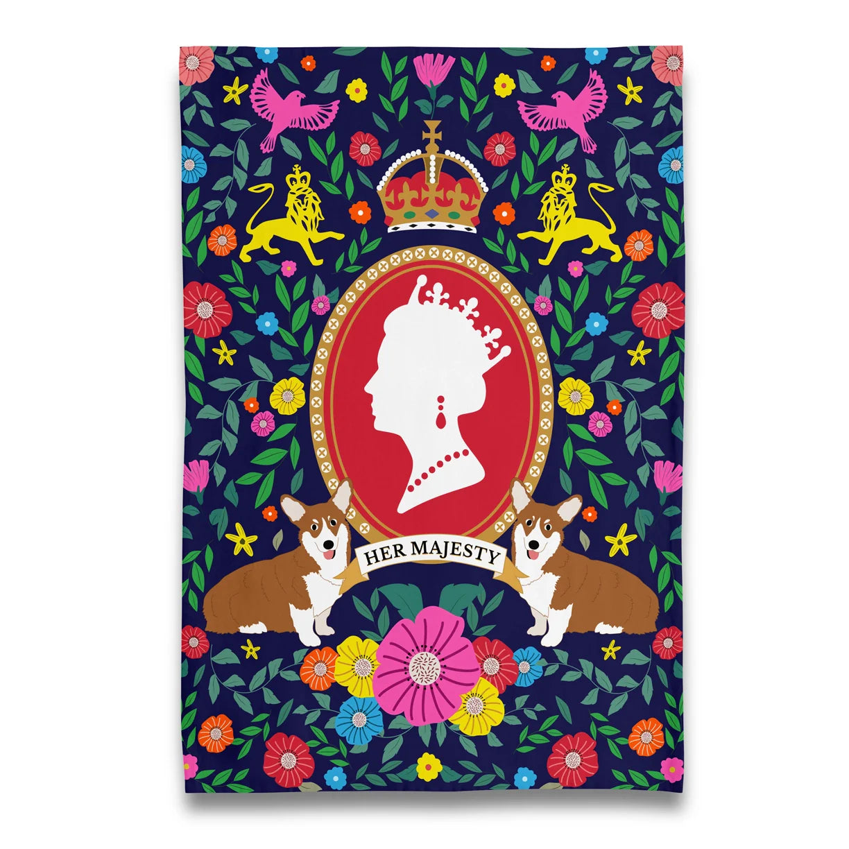 Tea towel "Her Majesty" with Corgis