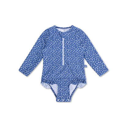 UV Swimsuit Girls With Sleeves - Blue - Leopard