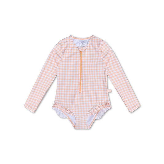 UV Swimsuit Girls With Sleeves - Orange/White - Sunset Grid