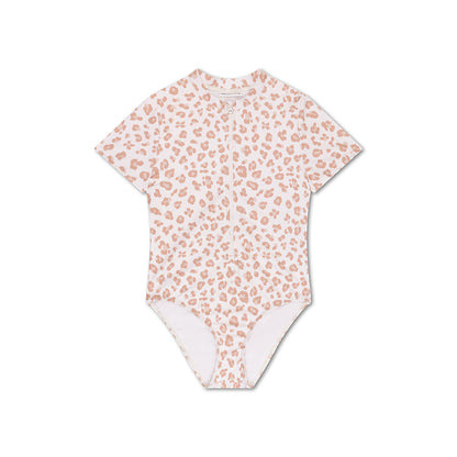 Swimsuit Girls With Short Sleeves - Beige - Leopard