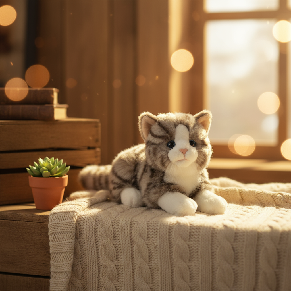 Peluche Chat Couché Gris – 20 cm
