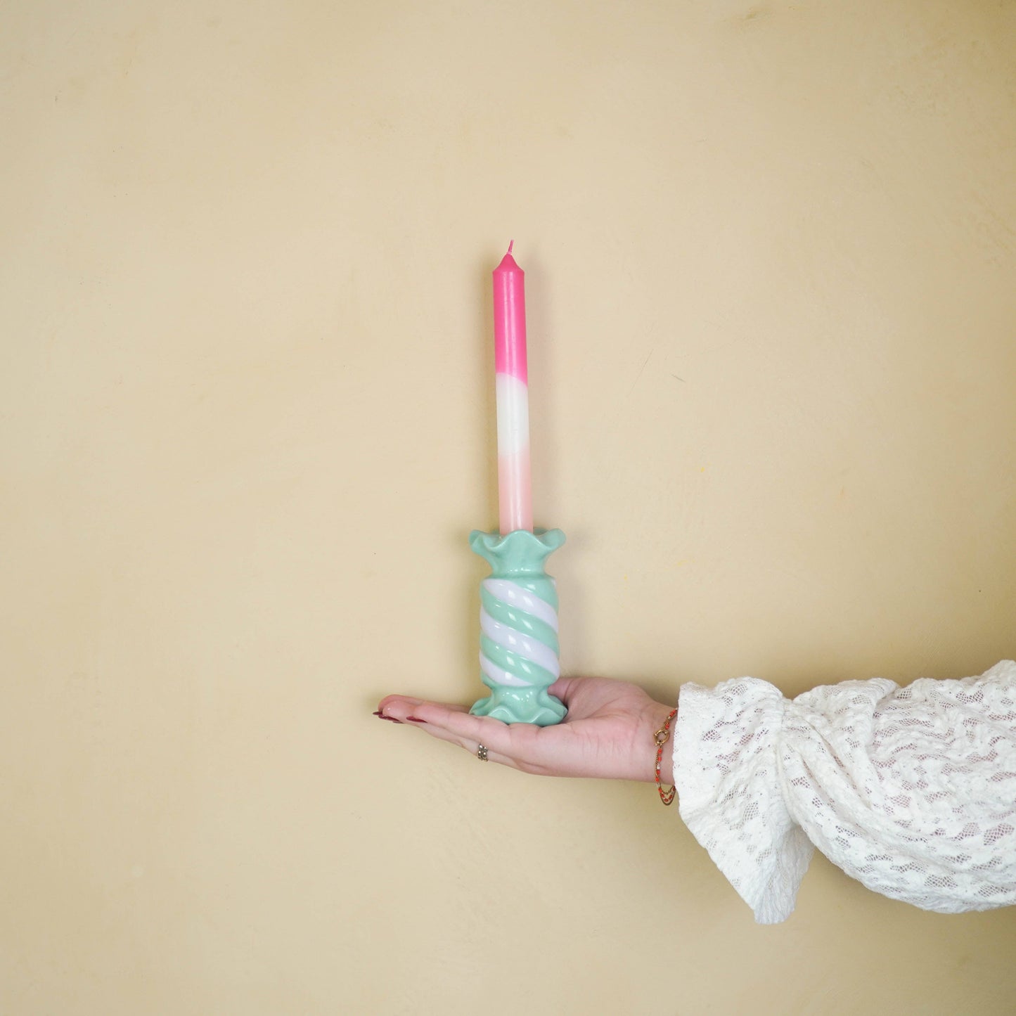 Bougeoir - Bonbon Toffee - Céramique - Menthe/Lilas - 7,5x7,5x13 cm