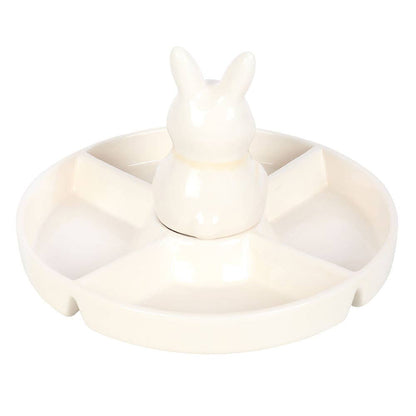 Plato para servir bocadillos con compartimento para salsas y diseño de conejito de Pascua.