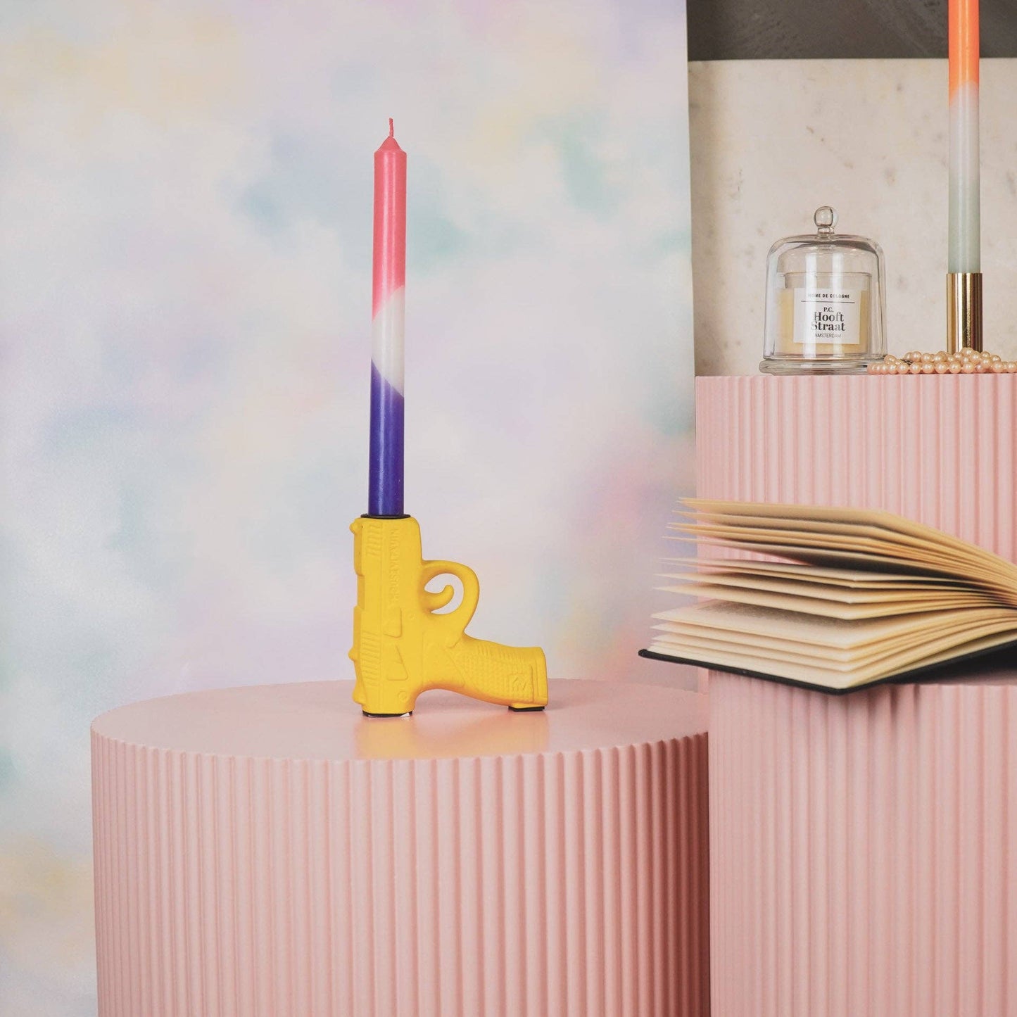 Bougeoir - Pistolet - Céramique - Jaune Néon - 12x5x12cm