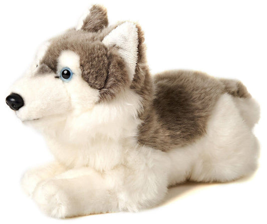 Peluche de husky gris, acostado
