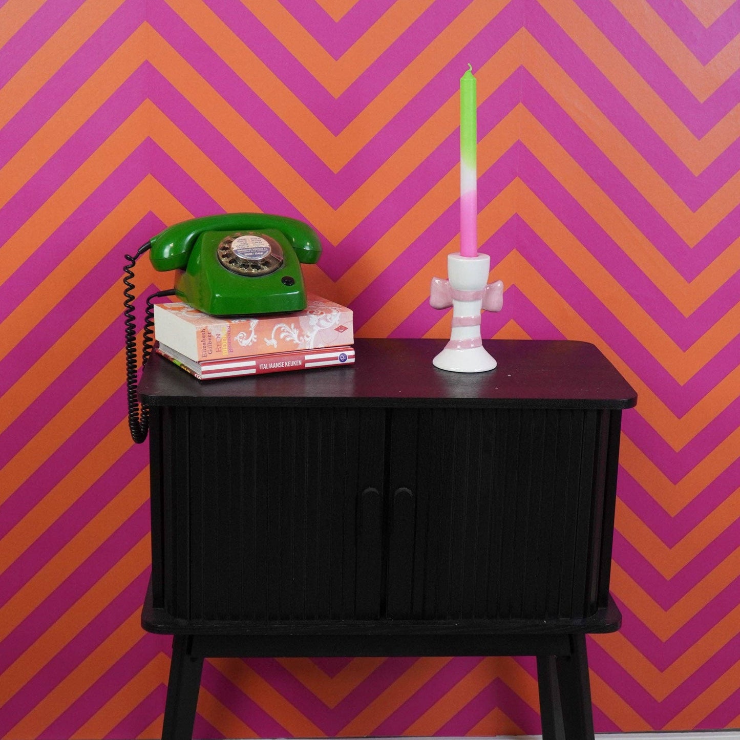 Bougeoir - Rayures avec Nœud - Blanc/Rose - 9x8x14cm