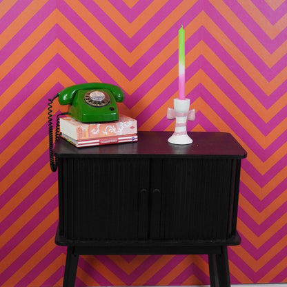 Bougeoir - Rayures avec Nœud - Blanc/Rose - 9x8x14cm