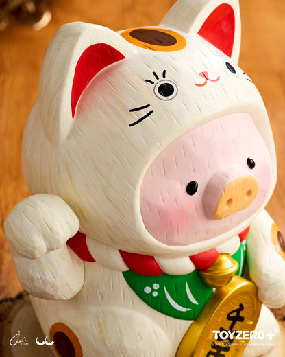 LuLu le Cochonnet - Maneki Lu (chat calico) — sculpture en bois 18cm