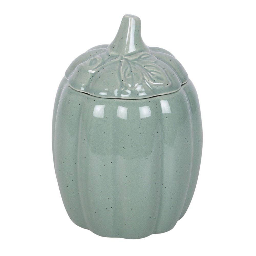 Grand brûleur d'huile en forme de citrouille, haut, vert sauge, avec couvercle